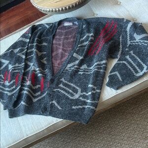 Saturday’s Generation Vintage Fuzzy Grey Red Aztec Printed Cardigan Size XL